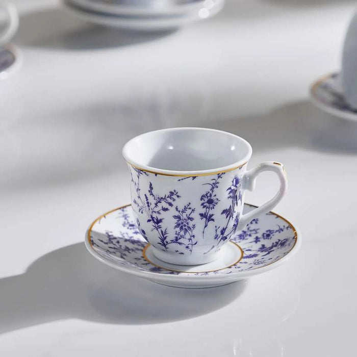 Floret 12-Piece Espresso Cup & Saucer Set 90Ml -White & Blue