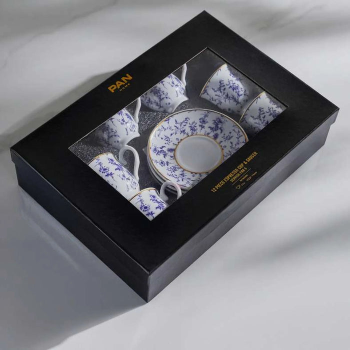 Floret 12-Piece Espresso Cup & Saucer Set 90Ml -White & Blue