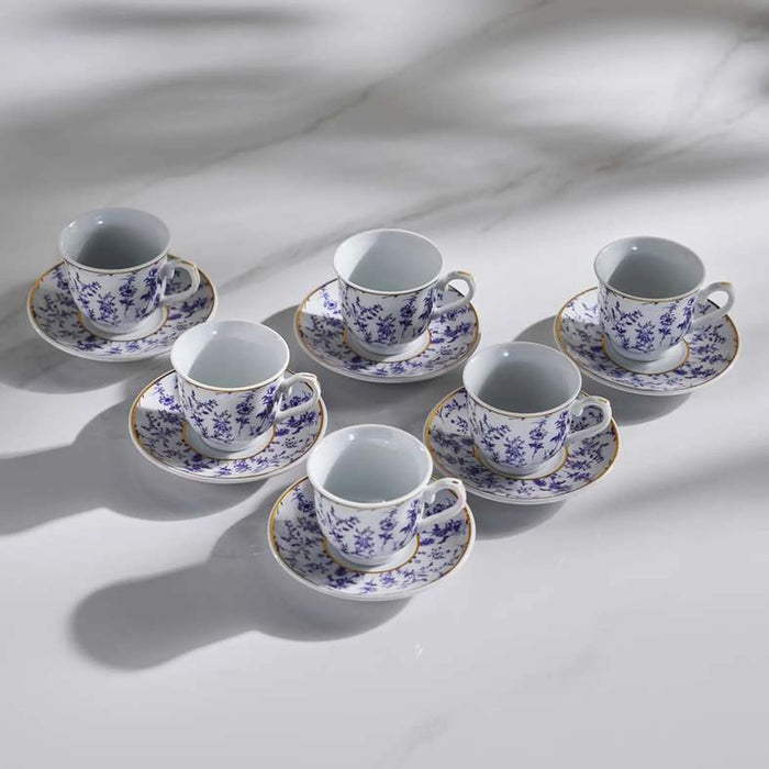 Floret 12-Piece Espresso Cup & Saucer Set 90Ml -White & Blue