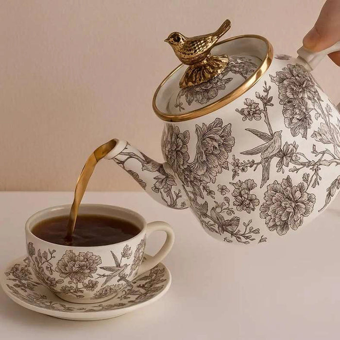 Florian Wren Tea Pot 1L -White & Brown Pan Home
