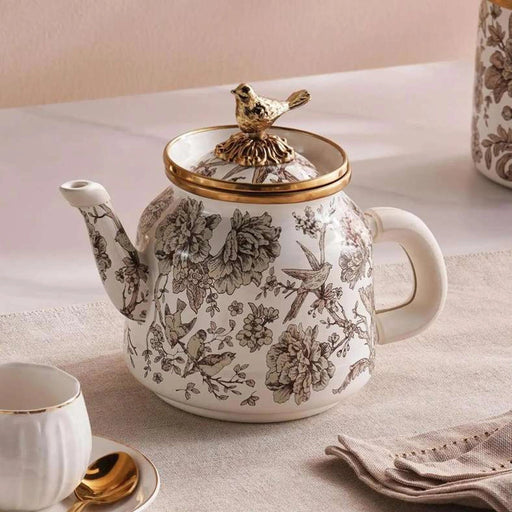 Florian Wren Tea Pot 1L -White & Brown Pan Home