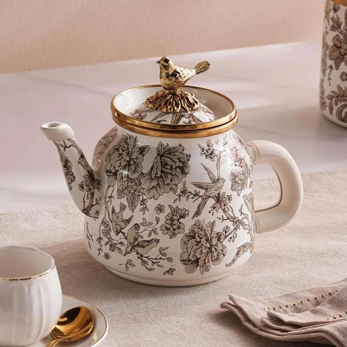 Florian Wren Tea Pot 1L -White & Brown Pan Home
