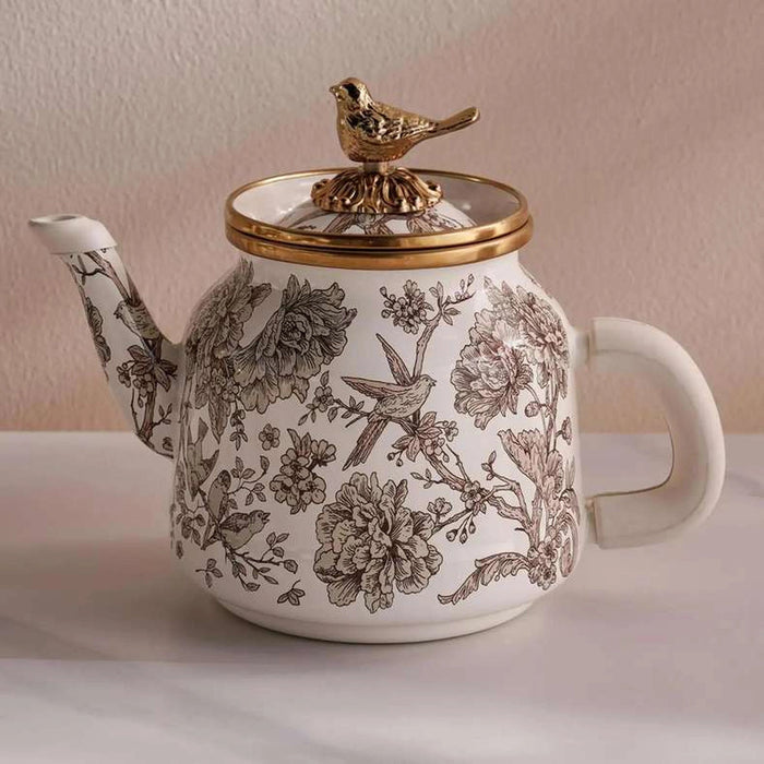 Florian Wren Tea Pot 1L -White & Brown Pan Home