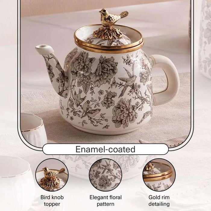 Florian Wren Tea Pot 1L -White & Brown Pan Home