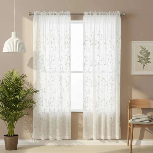 Foliage Trail Sheer Curtain Pair 135X240Cm-Beige Pan Home