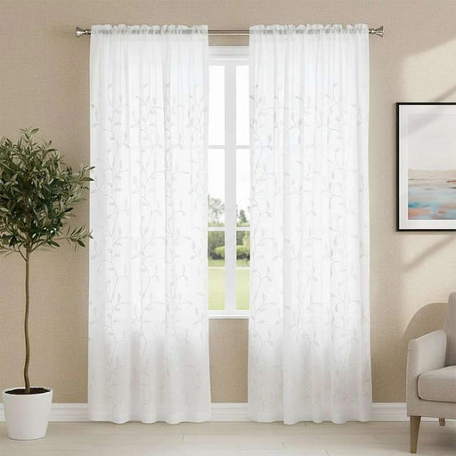 Foliage Trail Sheer Curtain Pair 135X240Cm-White Pan Home