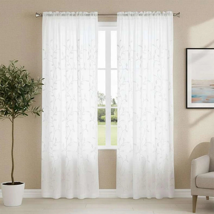 Foliage Trail Sheer Curtain Pair 135X240Cm-White Pan Home