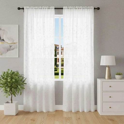 Foliage Trail Sheer Curtain Pair 135X300Cm-White Pan Home