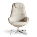 A modern high-back swivel office chair upholstered in light beige leather, featuring a padded headrest and a polished chrome five-star base, shown against a plain white background.