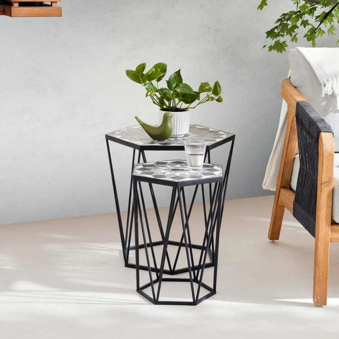 Gemso Metal& Mosaic Table Set Of 2 - Black White