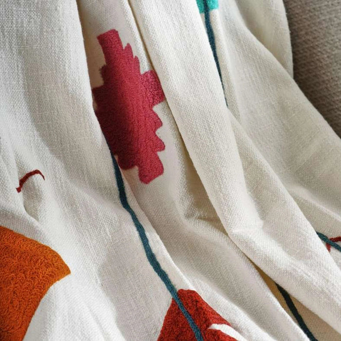 Geo Embroidered  Throw With Fringes-130X170- Ivory Pan Home