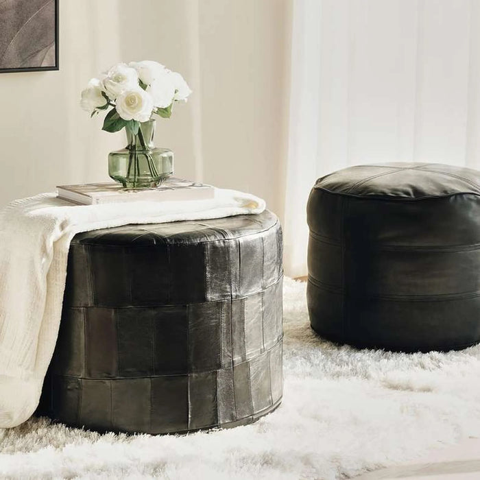 Georic Pure Leather Pouf 44X44X35Cm - Black