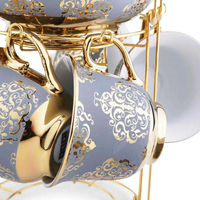 Glore 14Pcs Tea Set - Cup 220Ml + Pot 950Ml - Blue Gold