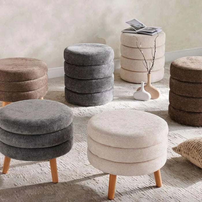 Greta Round Pouf With Wooden Leg 43X43X39Cm - Cream