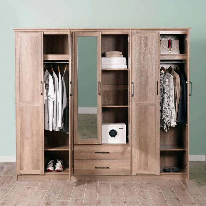 Grimsby 6 Door Wardrobe 2 Drawers With Mirror Engineered Wood - Walnut