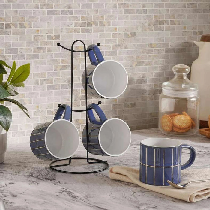 Harlan 4-Piece Stoneware Mug With Mug Tree 260Ml -Blue