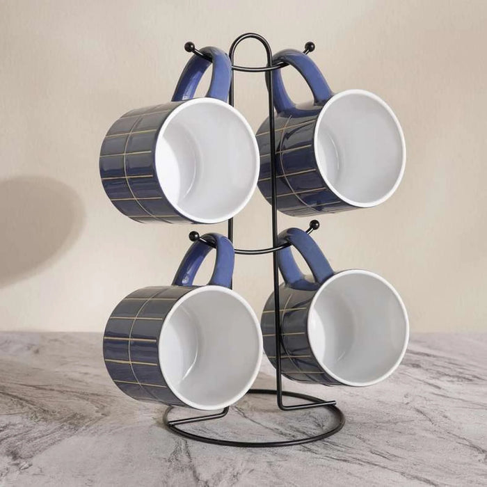 Harlan 4-Piece Stoneware Mug With Mug Tree 260Ml -Blue