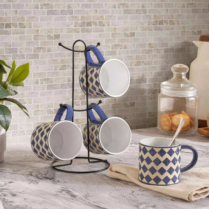 Harlan 4-Piece Stoneware Mug With Mug Tree 260Ml -Blue & White