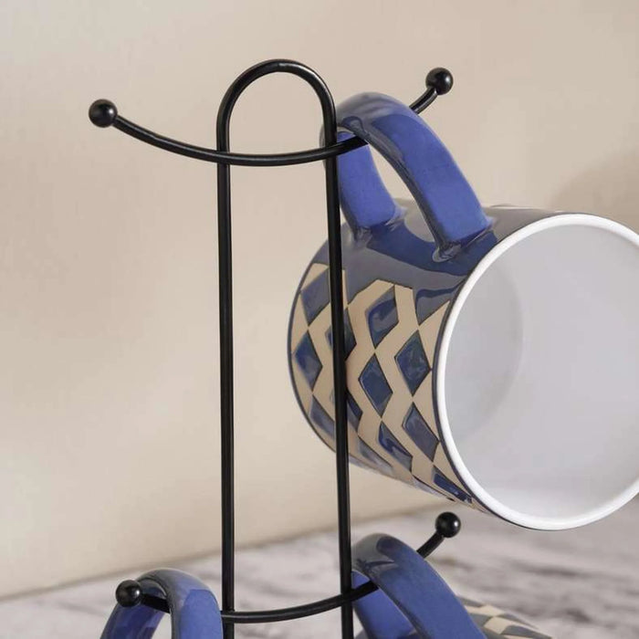Harlan 4-Piece Stoneware Mug With Mug Tree 260Ml -Blue & White