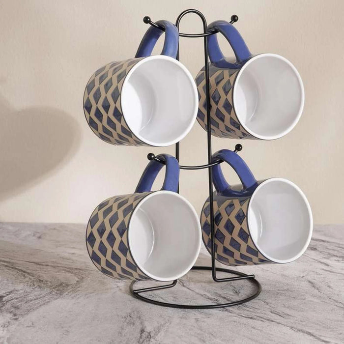 Harlan 4-Piece Stoneware Mug With Mug Tree 260Ml -Blue & White