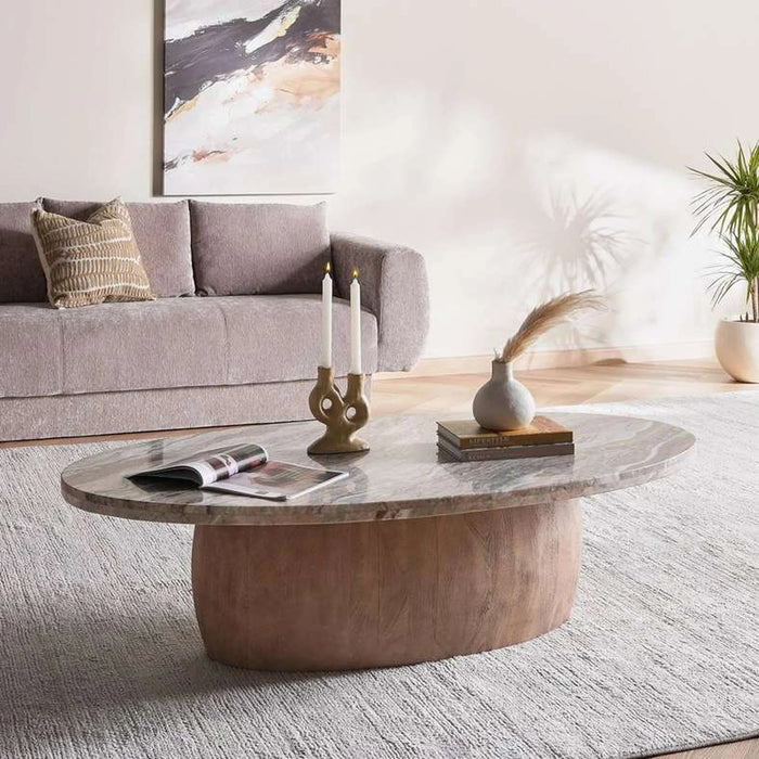 Hayden Coffee Table Marble Oval - Cream & Brown