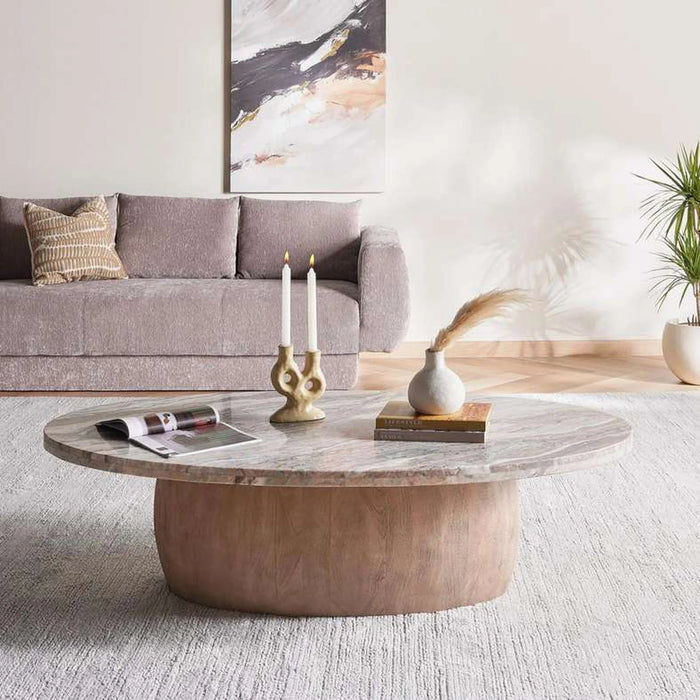 Hayden Coffee Table Marble Oval - Cream & Brown
