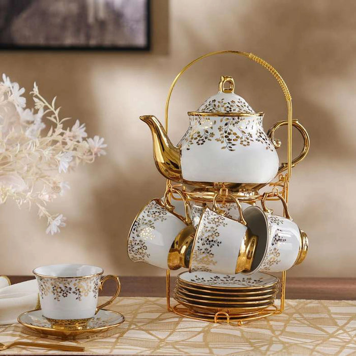 Hazal 14-Piece Tea Set - Cup 220Ml + Pot 950Ml -White & Gold