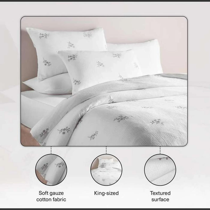 Heather Disty Embroidery Gauze Cotton 3-Piece King Duvet Cover Set 230X220Cm - White