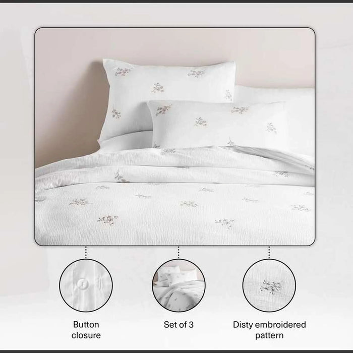 Heather Disty Embroidery Gauze Cotton 3-Piece King Duvet Cover Set 230X220Cm - White