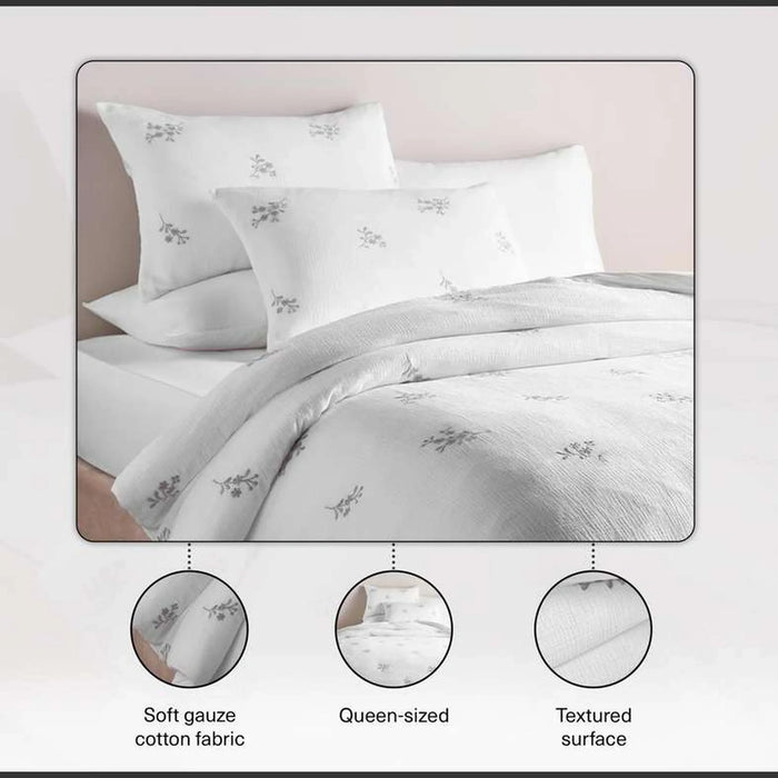 Heather Disty Embroidery Gauze Cotton 3-Piece Queen Duvet Cover Set 200X200Cm - White