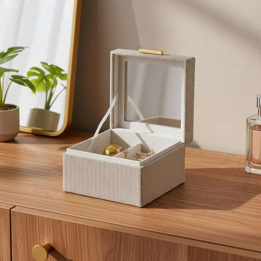 Herringbone Linen & Suede 2 Tier Jewelry  Case With Glass Lid 15.3X16X10Cm- Beige Pan Home