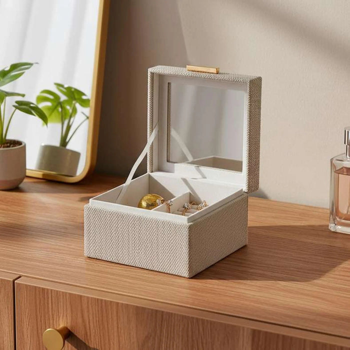 Herringbone Linen & Suede 2 Tier Jewelry  Case With Glass Lid 15.3X16X10Cm- Beige Pan Home