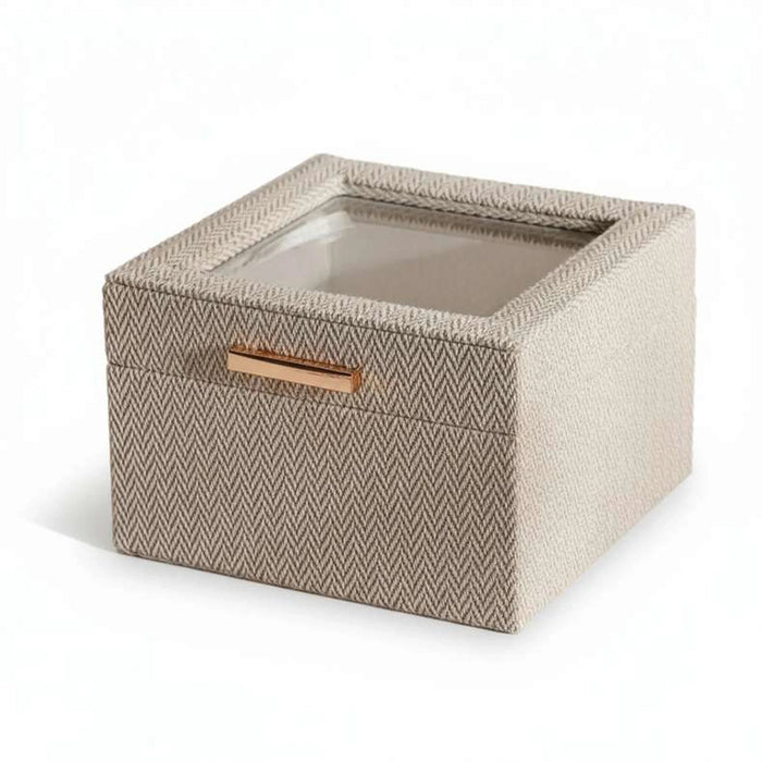 Herringbone Linen & Suede 2 Tier Jewelry  Case With Glass Lid 15.3X16X10Cm- Beige Pan Home