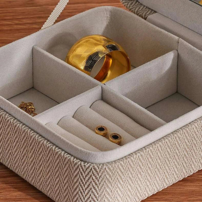Herringbone Linen & Suede Travel Jewelry  Case 15.2X15.5X6.5Cm- Beige Pan Home