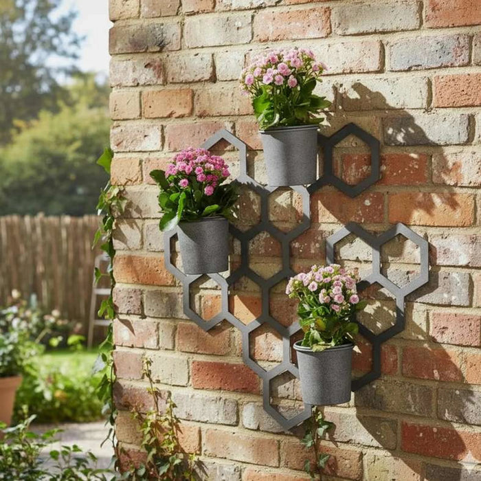 Hive Metal 4Pc Set Wall Hanging With 3 Planters 70.8X15.8X75Cm - Grey