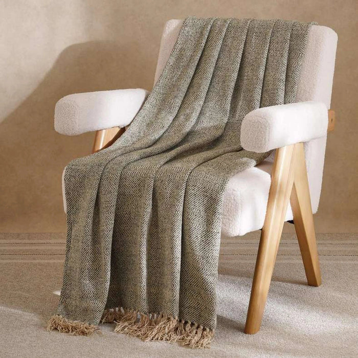 Horizon Herringbone Throw With Fringes 125X150Cm - Green Pan Home