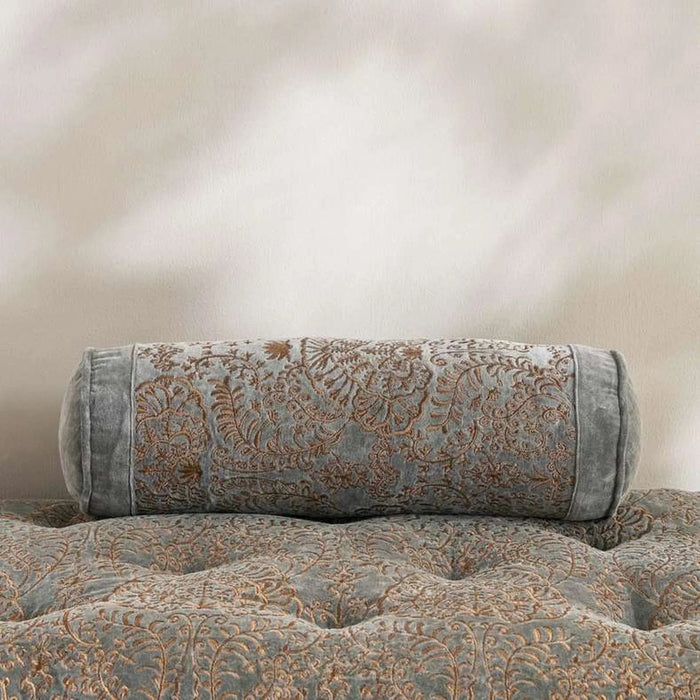 Isabella Embroidered Velvet Bolster 50X20Cm - Grey Pan Home