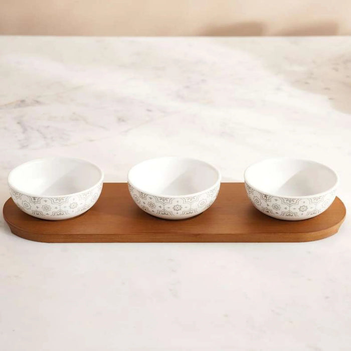 Izzet 3-Piece Chip & Dip Set With Bamboo Tray 140Ml -White