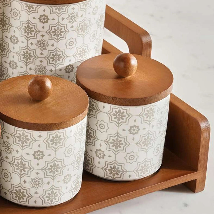 Izzet 7-Piece Canister Set With Bamboo Stand -White Pan Home