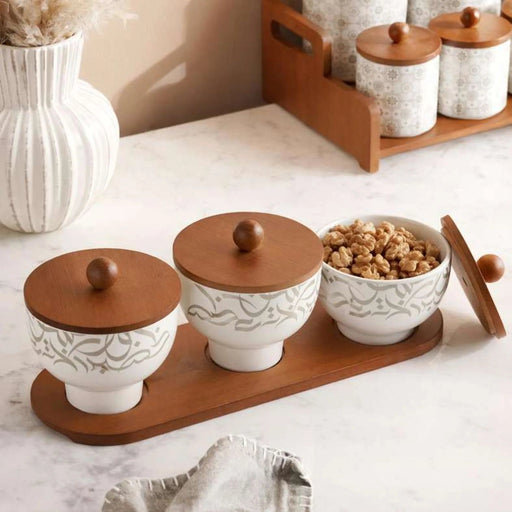 Izzet Calligraphy 3-Piece Serving Set With Bamboo Lid & Tray - White Pan Home