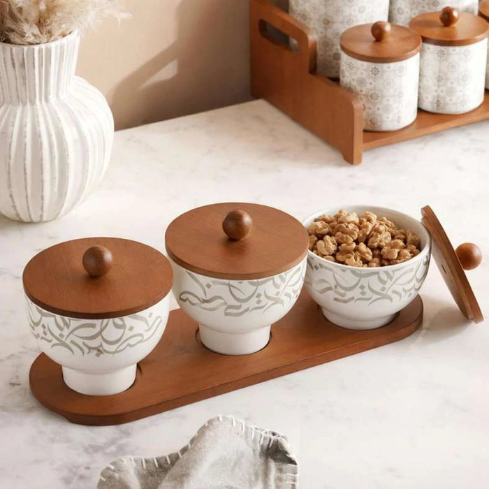 Izzet Calligraphy 3-Piece Serving Set With Bamboo Lid & Tray - White Pan Home