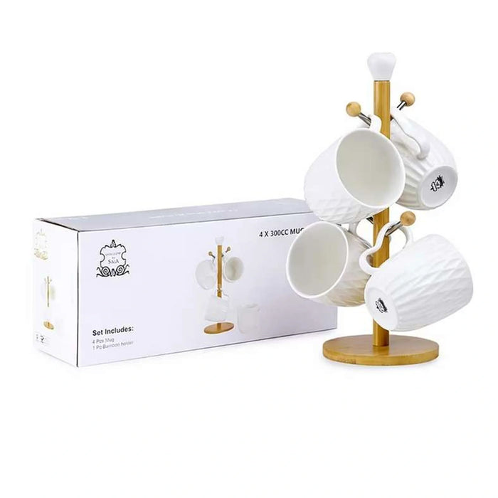 Jaris 4-Piece Porcelain Mug With Mug Tree 300Ml -White