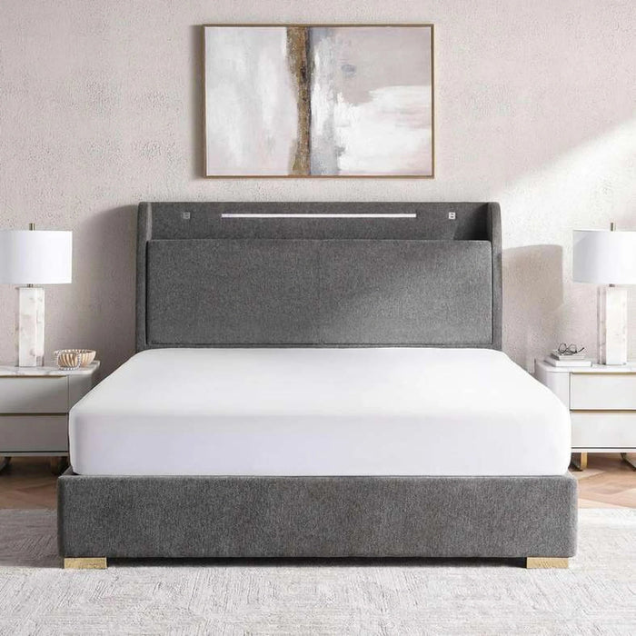 Javier King Bed 180X200 Headboard With 2 Usb Port,Led Lights And  Storage- Stone Grey Pan Home