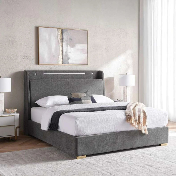 Javier Queen Bed 160X200 Headboard With 2 Usb Port Led Lights And  Storage- Stone Grey Pan Home