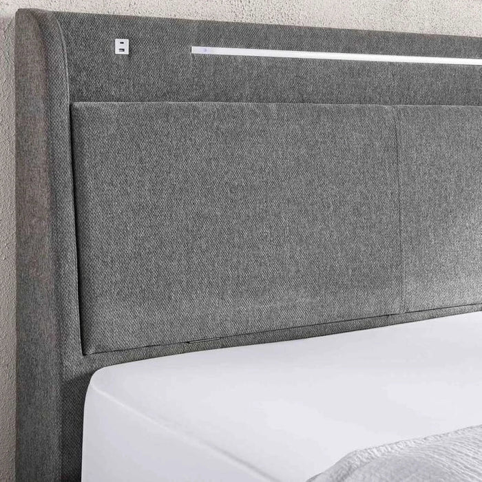 Javier Queen Bed 160X200 Headboard With 2 Usb Port Led Lights And  Storage- Stone Grey Pan Home