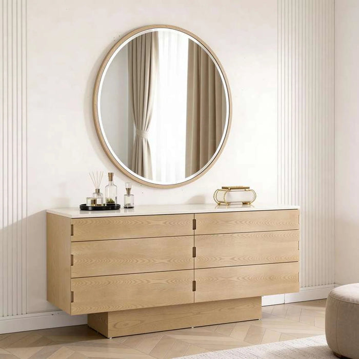 Jaylen Dresser With 6 Drawer & Round Mirror - Natural