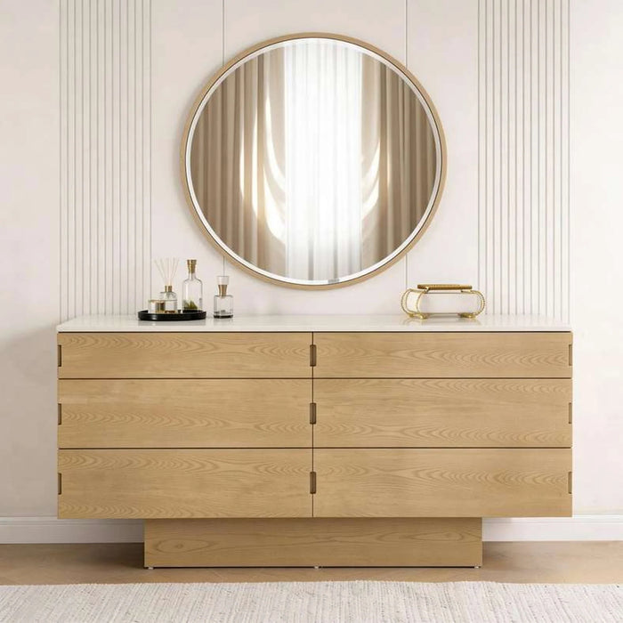 Jaylen Dresser With 6 Drawer & Round Mirror - Natural