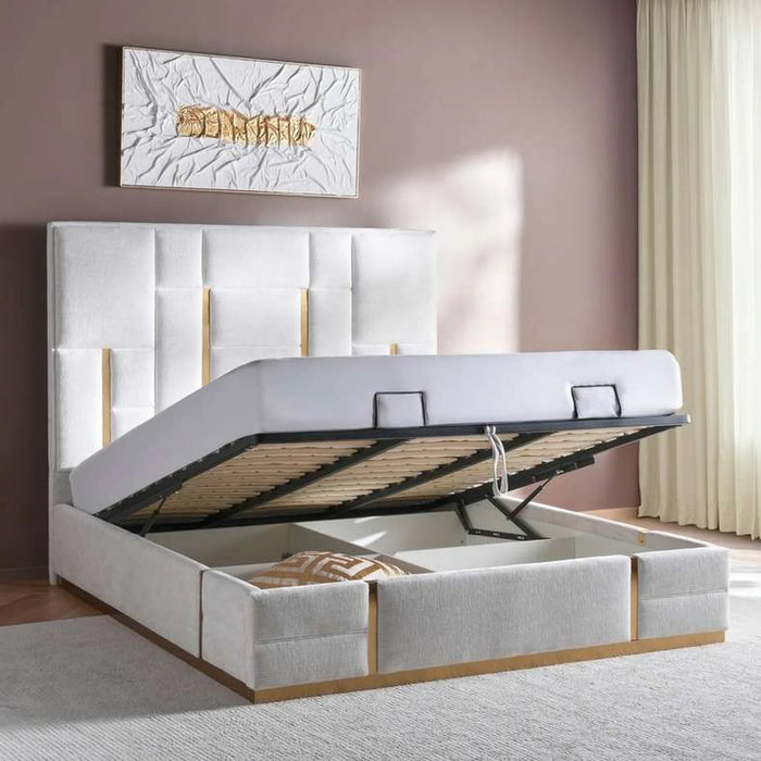 Julia King Bed(180X200) With Hydraulic Storage - Beige And Gold