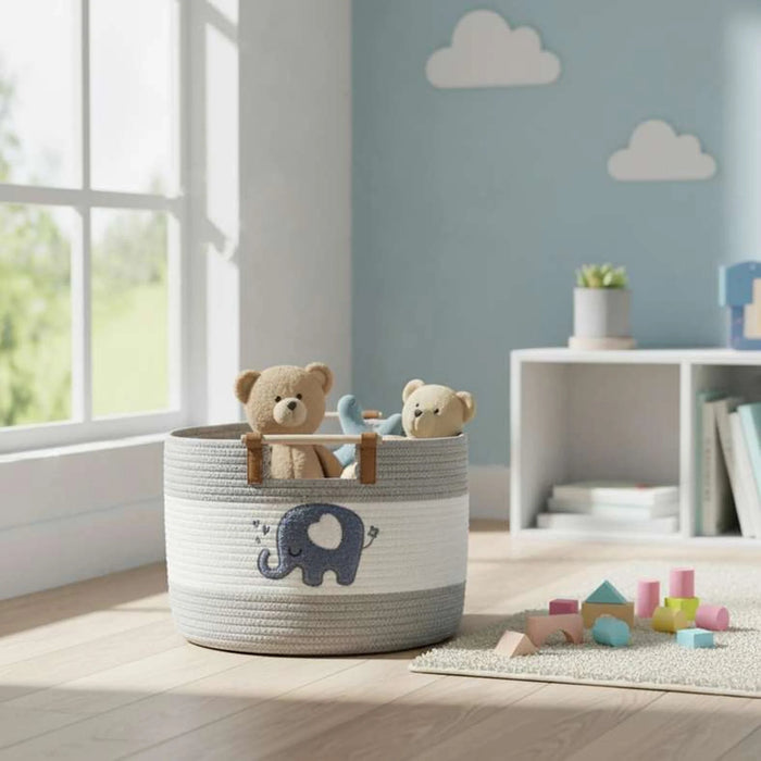 Jumbo Heart Rope Storage Basket With Wooden Handle 36X36X25Cm - Blue/Grey