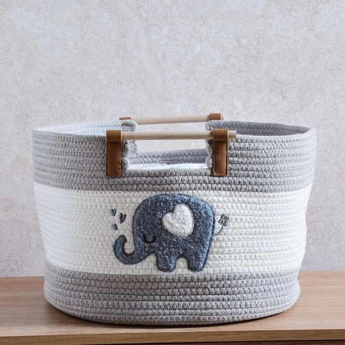 Jumbo Heart Rope Storage Basket With Wooden Handle 36X36X25Cm - Blue/Grey